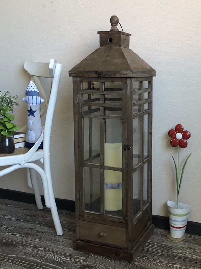 XXL Laterne Holz Braun Bodenlaterne mit Schublade Landhaus Sprossen