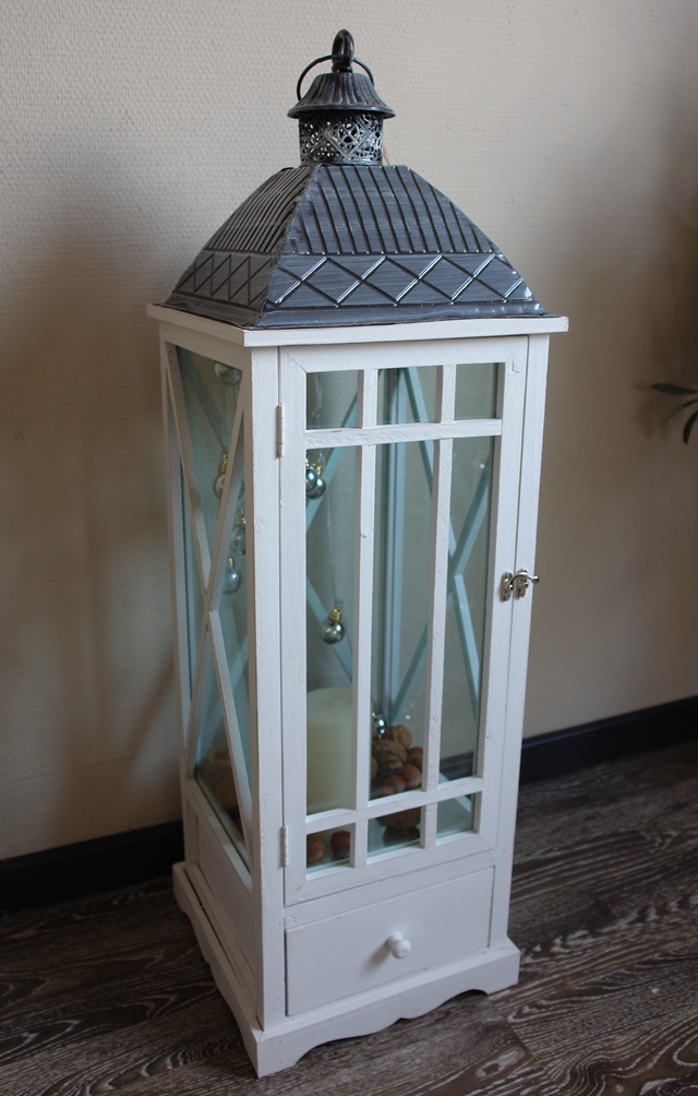 Große Laterne Holz Weiß Schublade XL Bodenlaterne Landhaus Shabby H